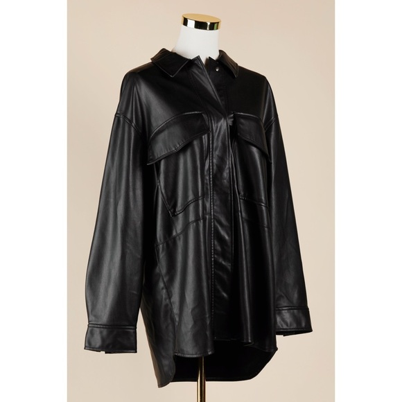 Sz M Zara Black Oversized Faux Leather Button Down Shacket EUC - Picture 1 of 5